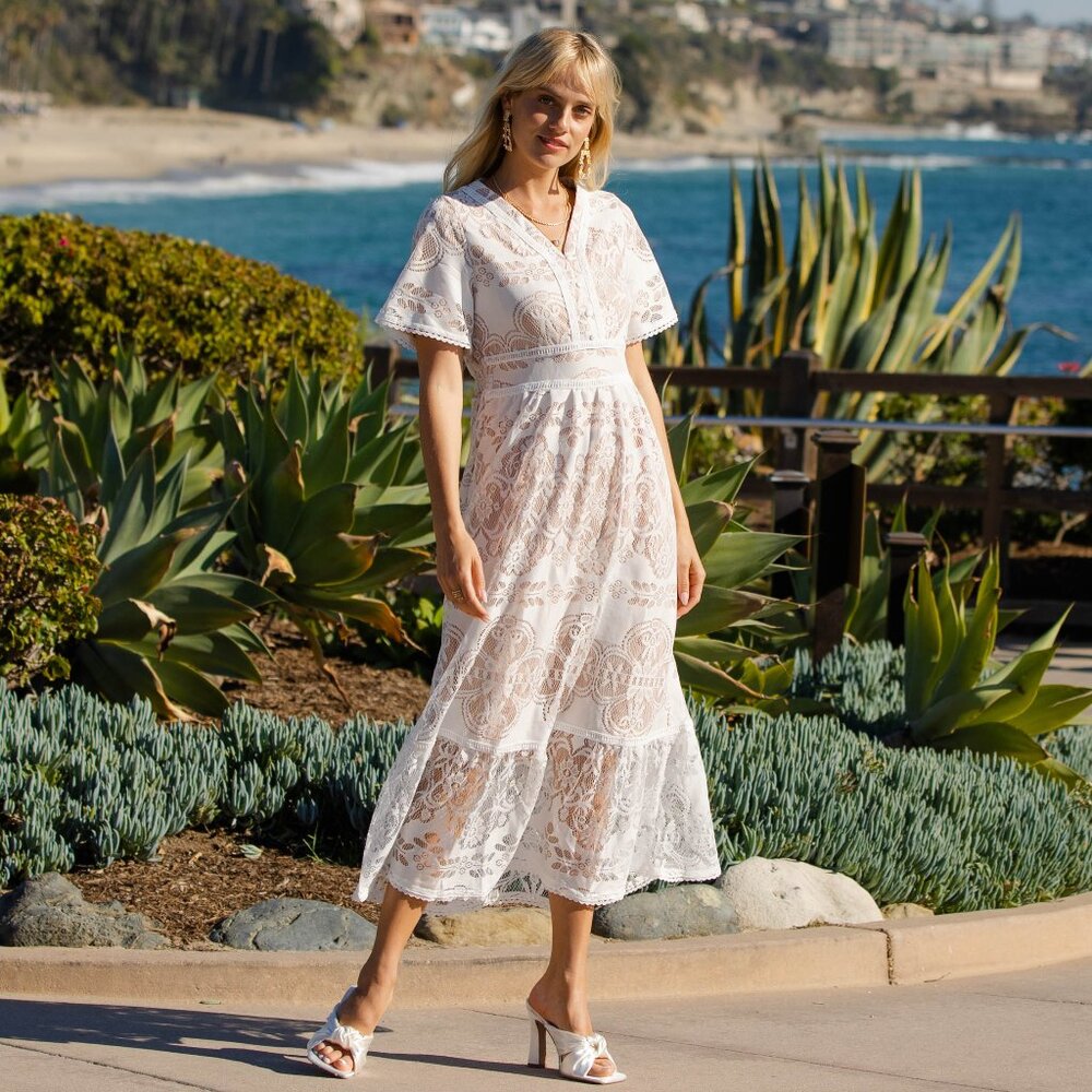 Lace midi dress- Smoked waistband, crochet lace trim - Picture 3 of 4